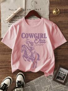 T-shirt da donna con stampa personalizzata a lettere, stile occidentale, scollo tondo, adatta per l'estate e vacanze. Top donna bianco e rosa con grafica