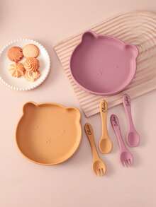 3PCS Personalized Customization Name Silicone Baby Dishes Soft Spoon Fork Cartoon Bear Plate Suction Lunch Box Custom Baby Tableware