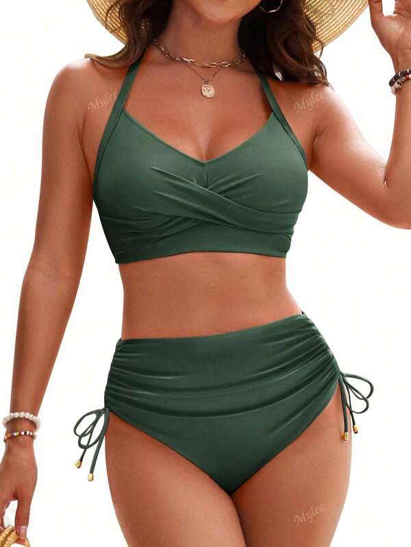 New Sexy Cross Bandage High Waist Drawstring Cover Belly Bikini Swimsuit Set With Metal Decor For Women, European And American Style