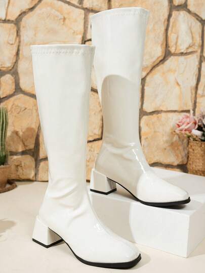 2025 年秋冬女式拉链及膝皮靴，白色靴筒，方头，PU 皮革，时尚战斗靴，百搭西部靴