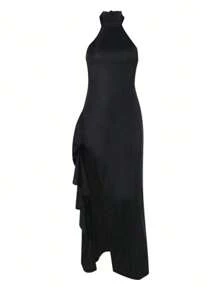 Wowdark Women's Autumn Sparkly Halter Backless Split Hem Party Dress