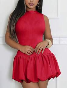 Bubble Dress Women Sleeveless Mock Neck Knit Open Back Dress Bodycon Y2k Party Club Short Dress - Merah - View 3