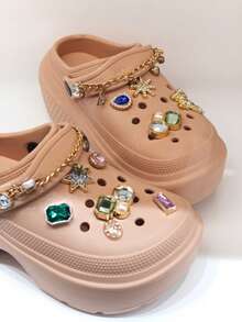 Revreal Black Platform Clogs with Colorful Rhinestone Charms and Chain可愛波西米亞Preppy學院度假時尚Casual休閒Outdoor戶外 - 卡其色 - 查看 3