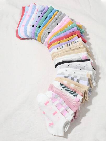 20双儿童短袜：糖果色、蕾丝蝴蝶结、爱心图案、条纹，柔软舒适，休闲百搭，学生袜 - 适合日常穿着，颜色随机混装