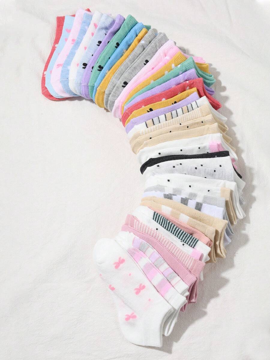 20 Pairs Kids Socks: Candy Color, Lace Bow, Heart Pattern, Striped, Soft & Comfortable, Casual & Versatile, Student Socks, Random Color - Multicolor - View 1