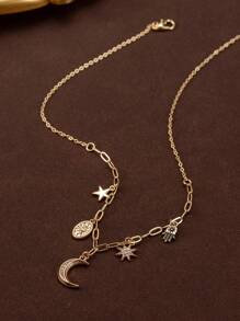 1pc Fashionable Geometric Star & Moon Charm Pendant Necklace, Versatile & Cute Everyday Wear For Women