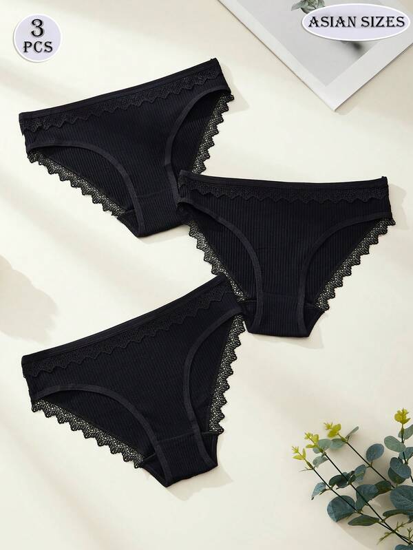 Calcinha feminina de cor sólida com 3 peças, design sexy de renda, estilo básico e doce de fada, calcinha preta de cintura média para estudantes, uso diário romântico e elegante, roupa íntima preta sexy, confortável e refrescante