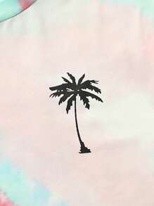 2pcs/Set Teenage Boy Casual Gradient Tie Dye Palm Tree Print Short Sleeve T-Shirt & Solid Color Patched Shorts Set, Suitable For Casual Vacation, Basic, Versatile Sports, Summer