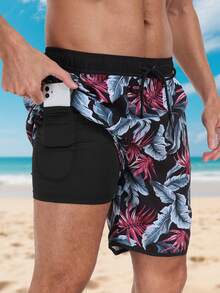 LEDUNTINO [Primavera/Verano] Shorts de 2 en 1 de doble capa con estampado tropical, de moda para hombres, regalo para esposo/novio, cintura elástica, con múltiples bolsillos, para playa/vacaciones - Negro - Ver 8