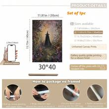 1pc, Canvas Decorative Painting With Framed Wall Mural Is, Vintage Witch Decoration, Halloween Decoration, Vintage Halloween Painting, Forest Botanical Floral Witch, Gothic Witch Decoration, Autumn Decorations, Halloween Home Decoration, For Room Decoration, Dormitory Decoration, Bathroom Decoration, Bedroom Decoration, Living Room Decoration, Halloween Gift Fall Decor