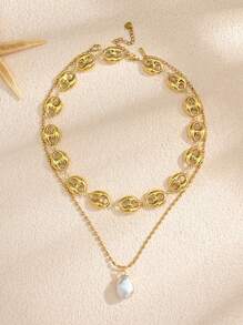 2er Set Halskette mit Edelstahl, goldplattierter Muschel, Niet Herz, Blume, Stern, Kreuz, Kunstperle, handgefertigt, für Damen geeignet für Alltag, Strand, Party, Urlaub, als Geschenk für Freunde