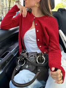 Nueva chaqueta de punto de estilo suelto y cómodo con cuello redondo y botones de giro en la parte delantera, manga larga, estilo corto para mujer, ideal para primavera/otoño e invierno, color rojo borgoña, ideal para Año Nuevo y vuelta al cole