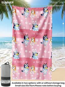 Bluey 1 pieza Toalla de playa de Bluey, toalla de baño con el diseño de Bluey y sus amigos, toalla de moda para la playa, toalla de baño súper absorbente y cómoda de microfibra, ligera y portátil, que protege del viento y el sol, resistente a la arena, para usar en verano, vacaciones y baño, disponible con o sin bolsa de almacenamiento