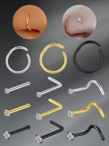CIZME Conjunto de joyas de perforación de nariz y pendientes de 18/20G, que incluye: anillos de nariz de 8/10/12MM, aretes de aro, pendientes con forma de L con cristales de circonita, en acero inoxidable en color plateado, dorado y negro, para perforación de nariz y fosa nasal, para mujeres y hombres, con tornillo de nariz de 20G