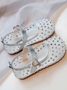This Best-Selling Children/Girls' Princess Shoes Feature A Rhinestone Mesh Upper, Paired With Silver Leather Straps (Decorated With Gold Rings And Small Pendants), Exuding A Luxurious And Dazzling Look. Suitable For Girls Aged 3 To 12 To Wear For Performances, Parties, And Other Occasions. - Silver - View 3