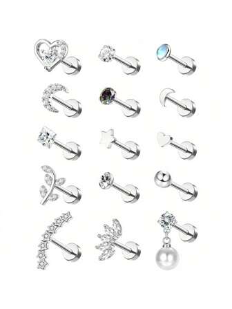 IRONBOX 1 件不锈钢 16G 耳钉女款小号蛋白石星形珍珠平背耳钉银色 CZ 花形唇钉唇钉鼻耳洞耳环