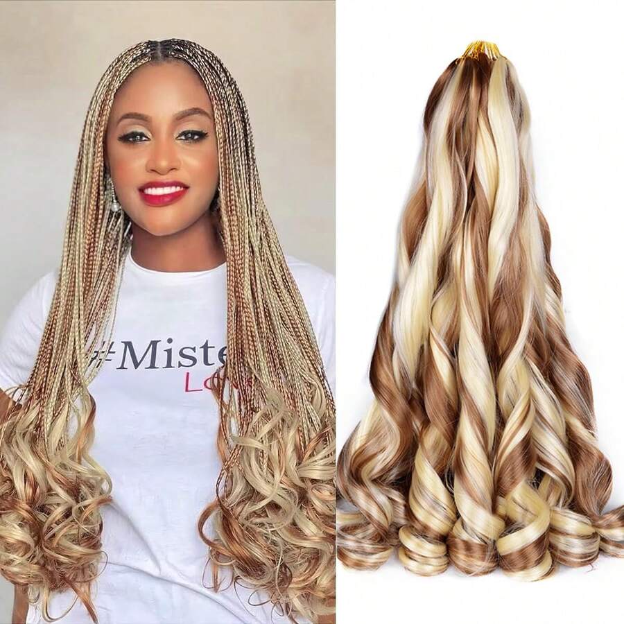 8 Packs French Curly Braiding Hair For Box Braids 24Inch Pre Stretched Loose Wavy Bouncy Braiding Hair Extensions 75g/Pack Synthetic French Curl Crochet Hair Braids Extensions For Women Daily Holidays Party And Cosplay Braided Hair - brown mixed blonde-P30/613 - 查看 1