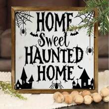 1/2 件，迷人的乡村农场艺术木制标牌，8x8 英寸，“甜蜜鬼屋”复古墙面装饰，带有蜘蛛网和鬼屋设计，适用于万圣节、厨房、浴室、客厅、入口 - 无需电力，恐怖万圣节装饰