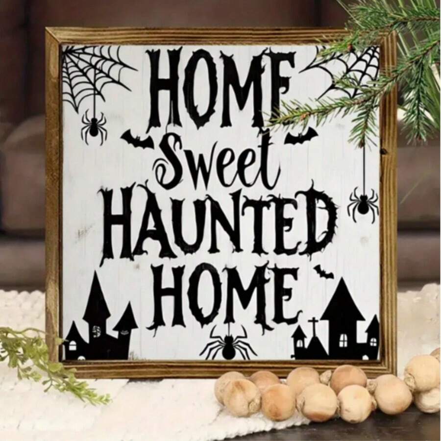 1/2 件，迷人的乡村农场艺术木制标牌，8x8 英寸，“甜蜜鬼屋”复古墙面装饰，带有蜘蛛网和鬼屋设计，适用于万圣节、厨房、浴室、客厅、入口 - 无需电力，恐怖万圣节装饰