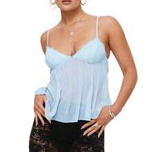 Women Y2k Babydoll Tank Tops Lace Trim V Neck Crop Cami Spaghetti Strap Peplum Top Summer Cute Aesthetic Flowy Shirts - 藍色 - 查看 7