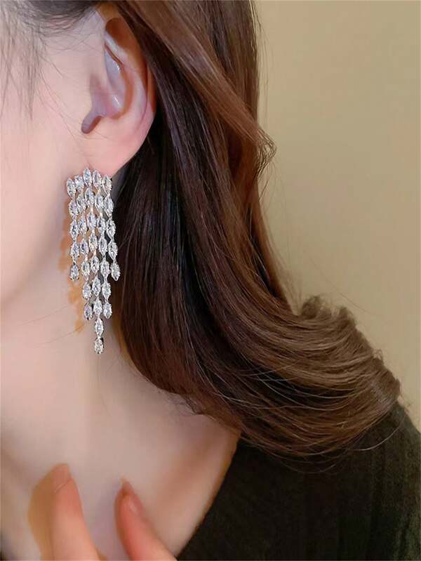 2pcs Zirconia Inlaid Tassel Drop Earrings, Exquisite Luxury High-End Simple Elegant Style, Suitable For Birthday, Festivals, Weddings