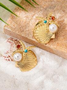 1 Set de elegante joyería de moda: Collar de coral, estrella de mar y concha, pulsera, pendientes con incrustaciones de perlas falsas, rhinestones, joyería bohemia, adecuada para regalos, mujeres, vacaciones y todas las ocasiones