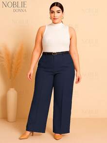 Plus Size Wide Leg Pants Tailored Elegant Casual Zipper Button With Belt - 藏蓝色 - 查看 8