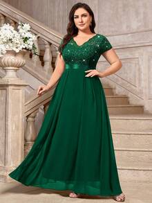 Plus Sequin Lace Bodice Scallop Trim V-Neck Chiffon Evening Party Dress Elegant Formal Prom Wedding Guest Gown, For Graduation, Dinner, Homecoming - Dark Green - View 10