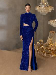 Faeriesty Women Elegant Shimmering Sparkly Sequin Evening Gown With Waist Cut Out & Dramatic Side Slit – Perfect For Luxury Weddings, Black Tie Events, Award Ceremonies, And Celebrity-Style Galas Party Dress Wedding Guest Dress Formal Dress Evening Dress, Elegant,Summer Holiday Outfits - Royal Blue - View 1