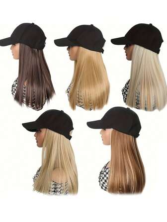 黑色棒球帽，18 英寸直发，中长发，合成假发接发帽，适合女性日常佩戴和聚会
