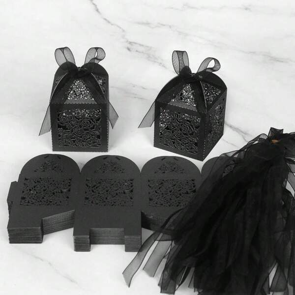 50pcs Black Laser Cut Candy Gift Boxes With Ribbons And Tags, Suitable For Baby Shower, Wedding Party, Mother's Day, Thanksgiving, Anniversary, Halloween, Christmas, Birthday, Easter Decorations And Gifts
