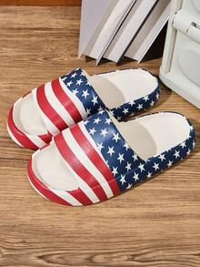 男士透气舒适轻便红蓝条纹美国国旗图案圆头低帮一脚蹬平底凉鞋，适合室内/室外、通勤、休闲、海滩、泳池、浴室、所有季节，一体式 EVA 人字拖