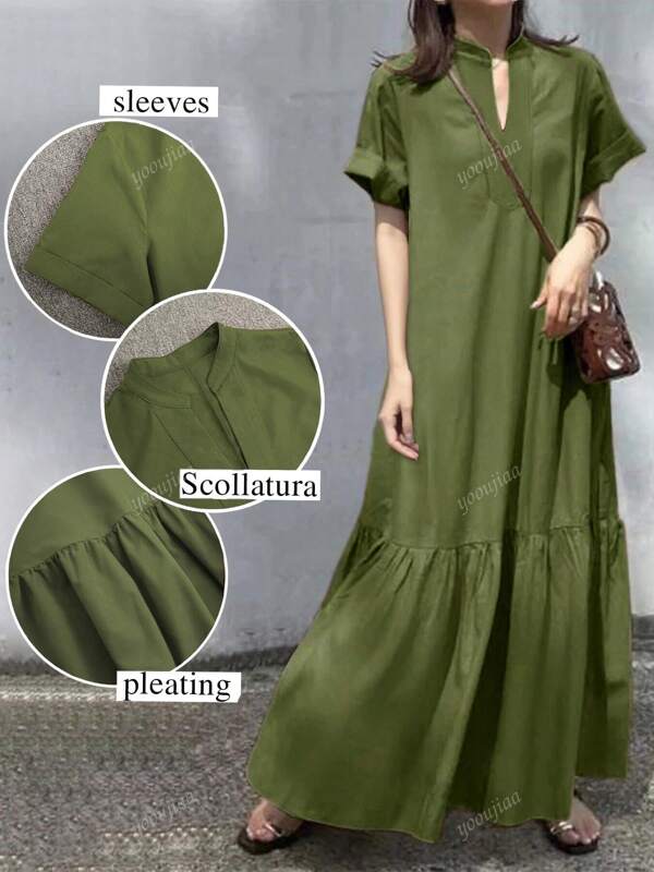 Spring And Summer New Fashion Casual Stand-Up Collar Short-Sleeved V-Neck Placket Loose Fishtail Women's Long Dress