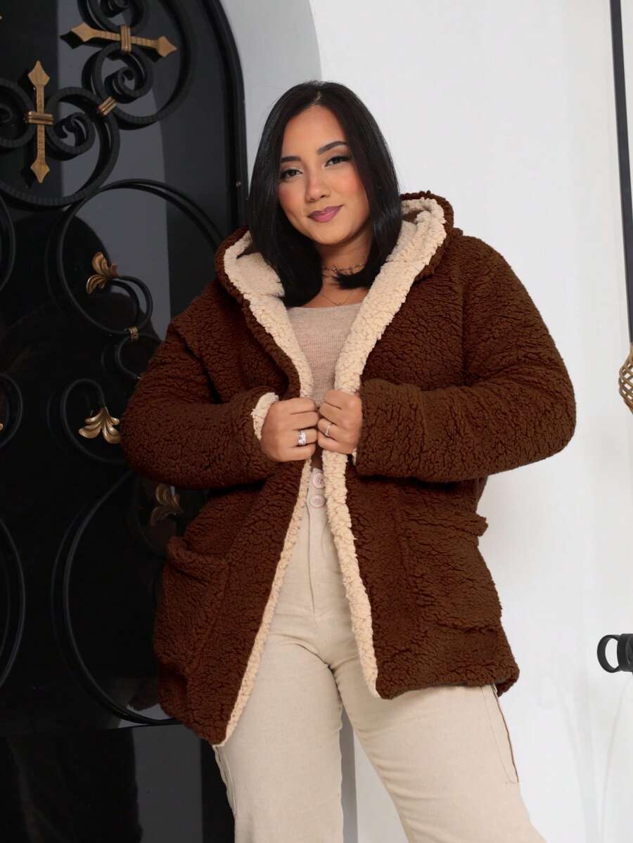 Double Teddy Coat Max Lined Blazer Hood Pockets With Internal Lining Women's Winter Overcoat - 咖啡棕 - 查看 1