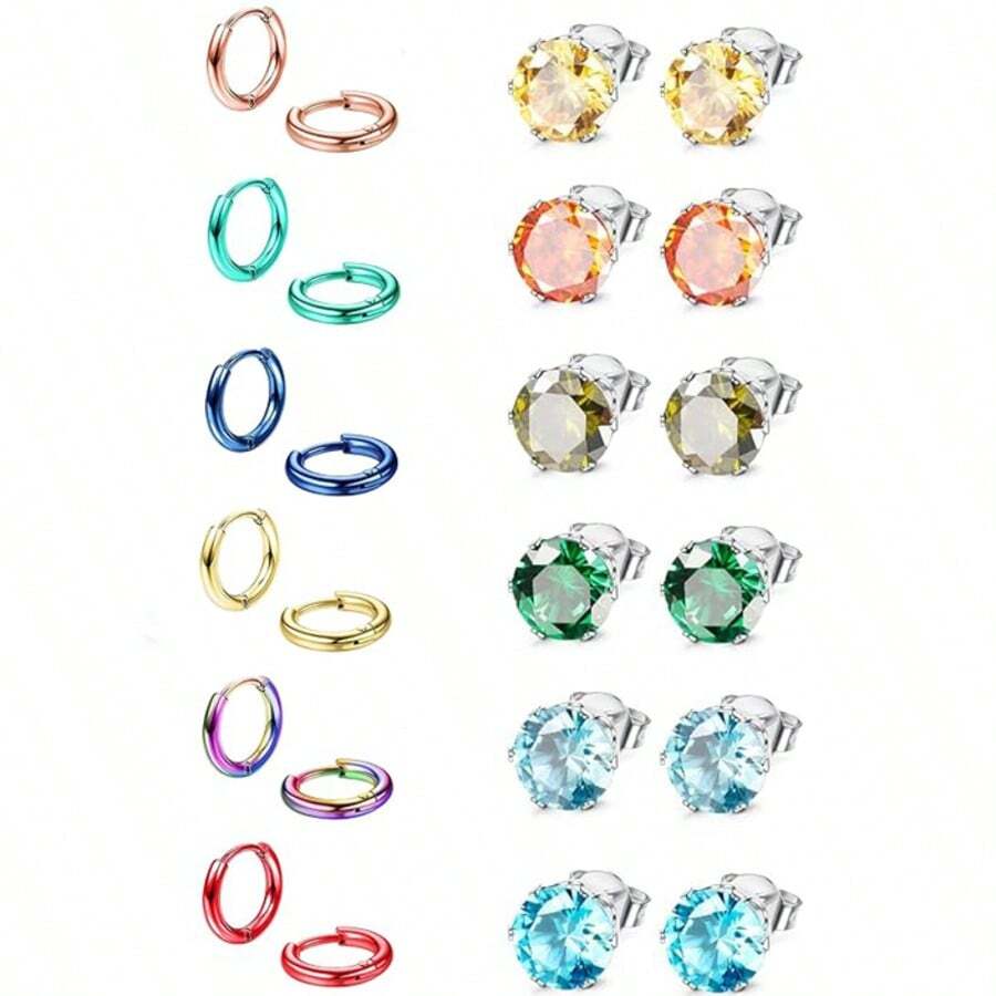 24pcs Hypoallergenic Stud Earrings For Women And Men, Surgical Stainless Steel Birthstone Earrings, Stud Earrings, Colored Square Crystal Zirconia Earrings Set, Small Stud Earrings For Women, Suitable For Sensitive Ears