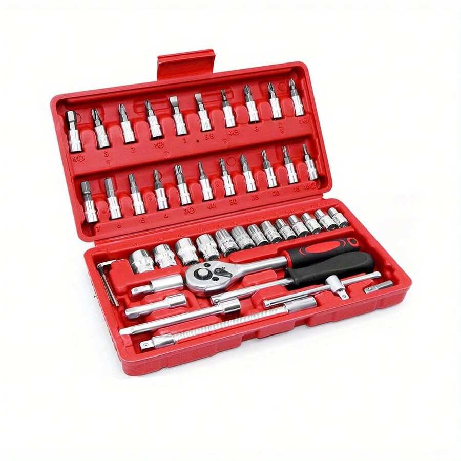 46pcs 1/4" Socket Wrench Set, Ratchet Wrench Set, Auto Repair Tool Kit, Metric Mechanics Tool Set With Extension Bar Torque Wrench, Suitable For Car Motorcycle Maintenance And Home Use, With Storage Box - A - View 1