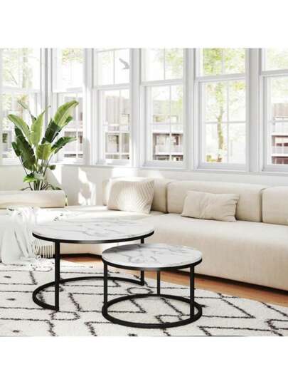 Super life Nesting Coffee Tafel Set Of Two, Round Table, Wooden Marble Top Sturdy Metal Frame, Side Living Room, Bedroom, Balcony Patio