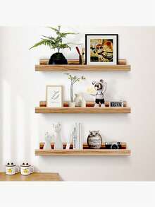 乡村风格木质悬浮置物架，带边框墙面装饰展示架，浴室厨房收纳架，现代卧室客厅装饰相框 - wood color - 查看 1