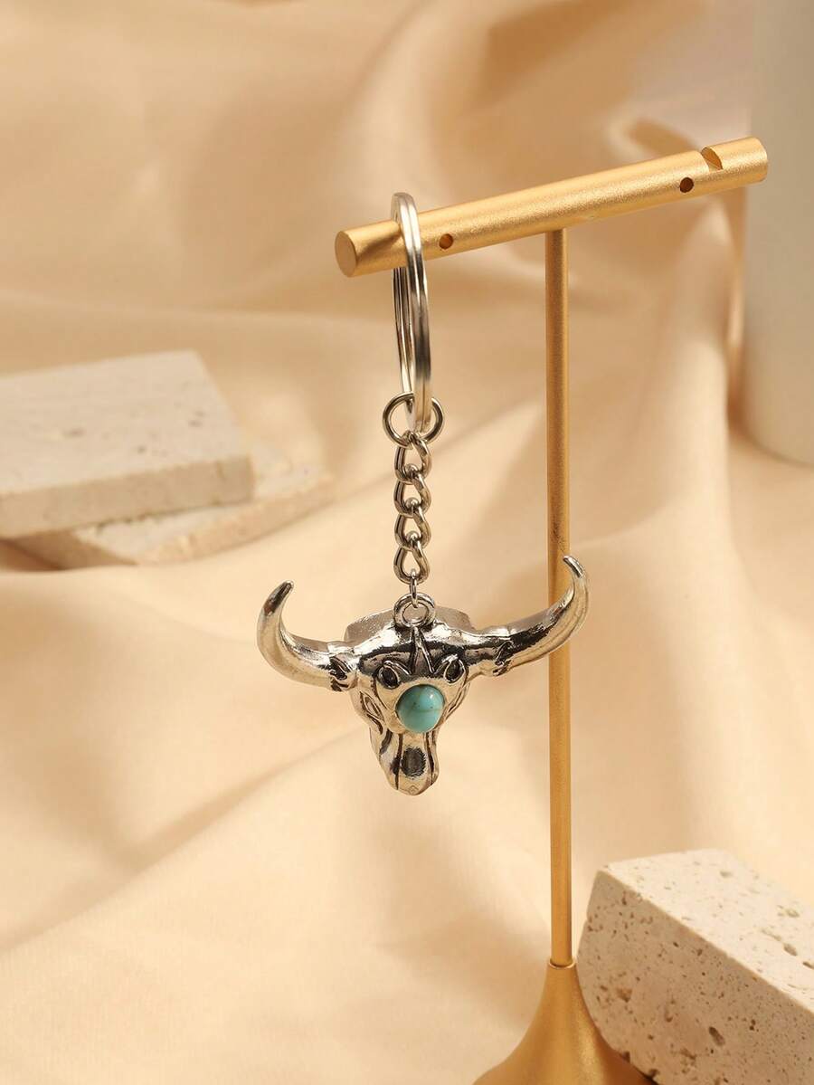 1 PC Retro Turquoise Necklace, Domineering Bull Head Alloy Pendant, Keychain - Antique Silver - View 1