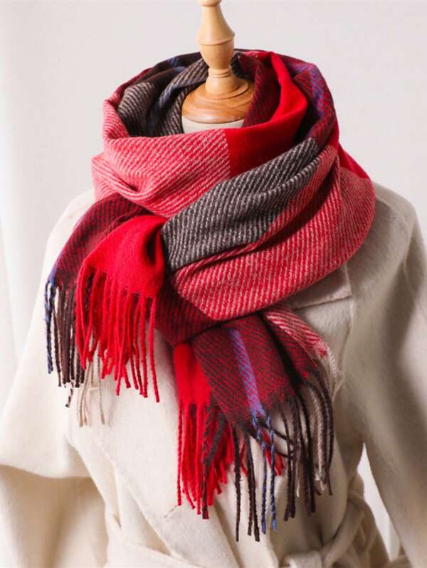 1pc Women's Autumn And Winter Korean Version New Plaid Color-Blocked Imitation Cashmere Scarf Fashion Versatile Tassel Ring Scarf Cold-Proof Warm Shawl Outerwear Commuting Daily Travel Leisure Daily Wear