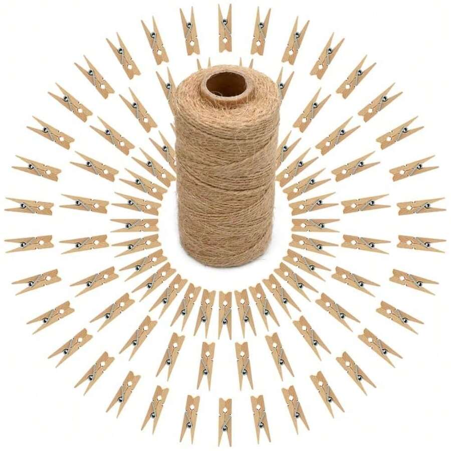 New 100Pcs Clos String, 1.4Inch Wooden Clos Pins 328Ft Jute Twine, Mini Baby Shower Photo Clips, Natural Brown Clips For Hanging Photo, Clos, DIY Crafts, Wrap Bags - 自然的 - 查看 1