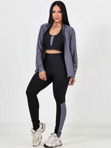 TRIO - 3 Piece Fitness Kit Bomber Jacket + Top + Dry Fit Pants - Grey - View 2