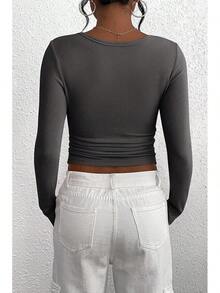 Women's 2025 Fall Long Sleeve Henley Shirts Button Ribbed Knit Casual Basic Tops Blouse - Màu xám đen - Xem 2