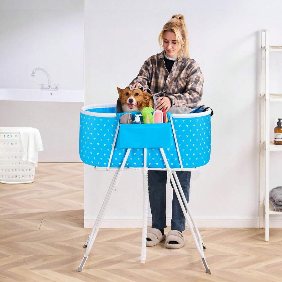 Portable Dog Bathtub, Elevated & Foldable Space-Saving Pet Shower Station With Efficient Drainage, Bathing Tub For Washing & Grooming Small And Medium Size Dogs And Cats Indoor & Outdoor, Light Blue - 淺藍色 - 查看 1