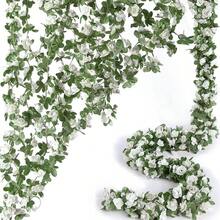 8 Pcs 66FT Flower Garland, Artificial Rose Vine Flowers With Green Leaves Hanging For Room, Anniversary Wedding Birthday Christmas Wall Arch Decor, Spring Pink Flower - 春白-8件 - 查看 1