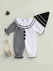 0-5 Years Kids Toddler Baby Boy Girl Clown Costume Halloween Outfits Contrast Color Long Sleeve Jumpsuit And Hat 2Pcs Clothes Set Funny Clown Dress Up Cosplay Costume - 白色 - 查看 2
