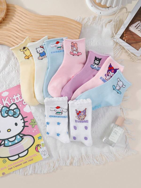 Sanrio 5 par skarpetek damskich Cute Cartoon Hello Kitty, My Melody, Kuromi Anime Modne uniwersalne skarpetki do połowy łydki