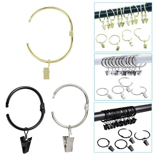 10 Piezas/30 Piezas/50 Piezas de anillos para cortinas con pinzas, diámetro interior de 32mm/1,25 pulgadas, diámetro interior de 50mm/1,96 pulgadas, pinzas de anillo de cortina de metal abiertas y antioxidantes, oro/negro/plateado