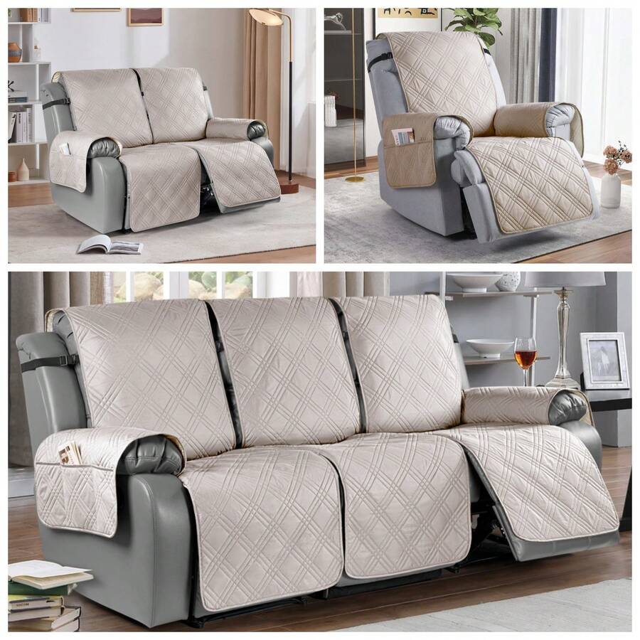 1/2/3 Seat Waterproof Recliner Sofa Cover, Non Slip Recliner Chair Covers, Washable Reclining Couch Cover Outdoor Cushion Covers Garden Furniture Protector With Elastic Straps Pocket For Pets, Cats, Dogs Cream - 奶油 - 查看 1