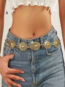 Retro Metal Waist Chain For Women, Boho Style Sunflower Oval Multi-Wear Waist Belt, Personalized Body Chain